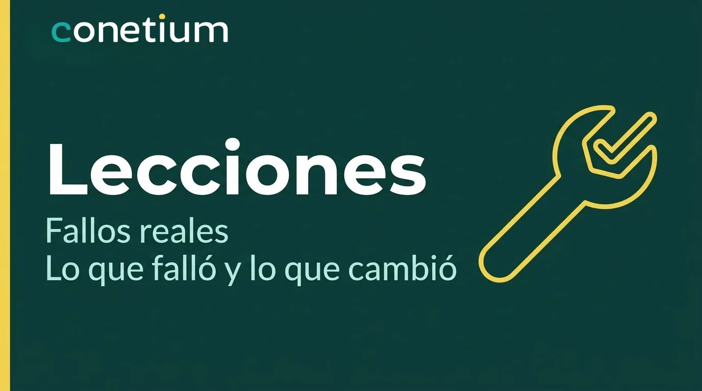 Tarjeta de Conetium con el título “Lecciones: fallos reales, lo que falló y lo que cambió”, junto a una llave inglesa con un check.