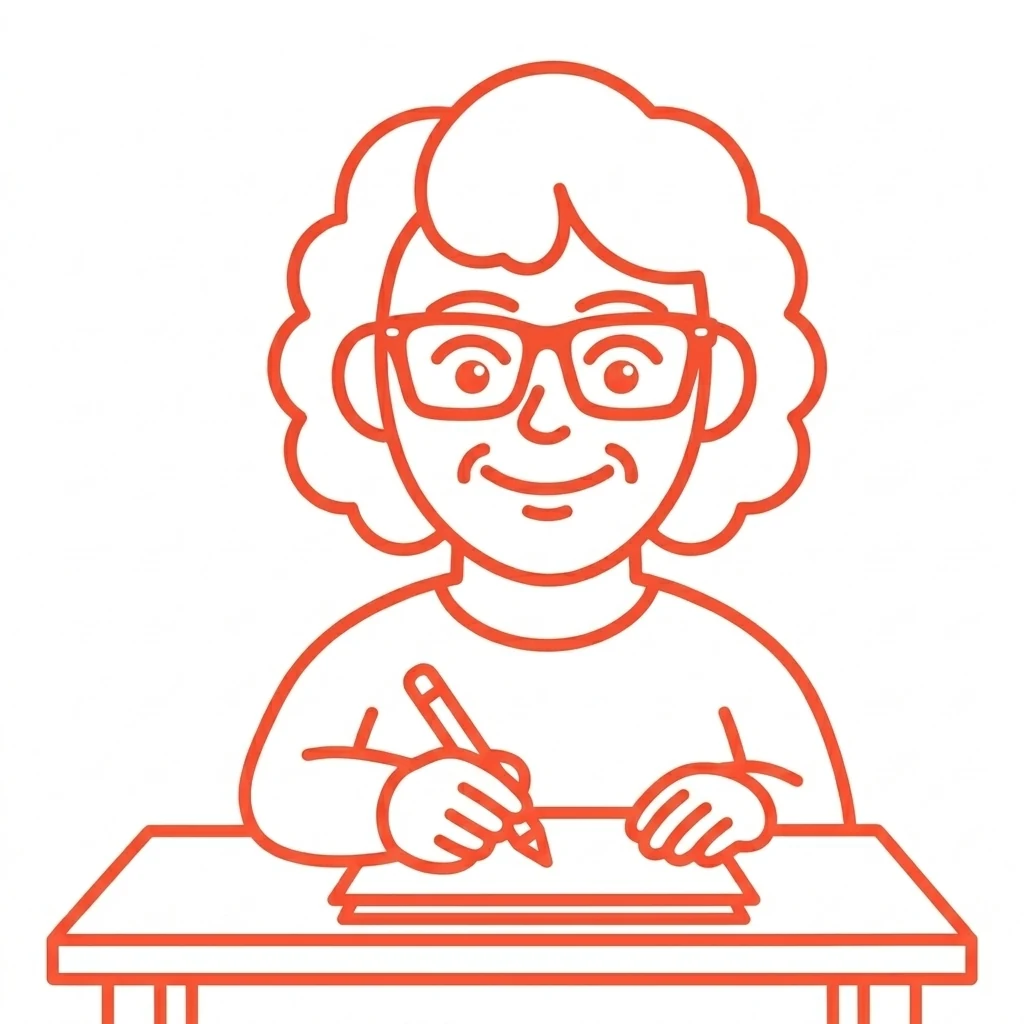 Ilustración de Esther sentada a una mesa, escribiendo con un lápiz.