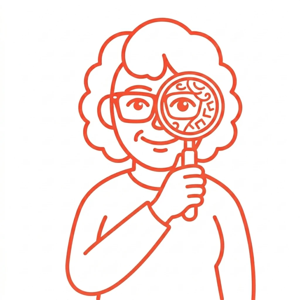 Ilustración de Esther mirando a través de una lupa.