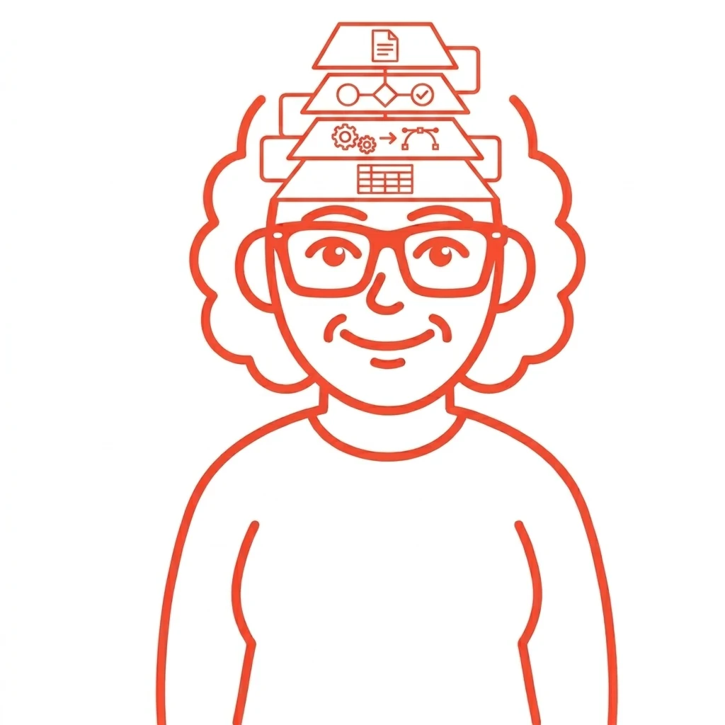Ilustración de Esther con capas apiladas sobre la cabeza.