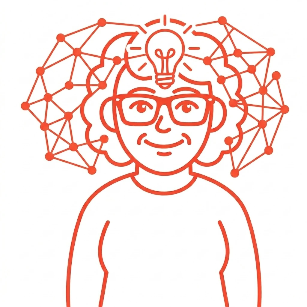 Ilustración de Esther con una red de ideas conectadas y una bombilla sobre la cabeza.