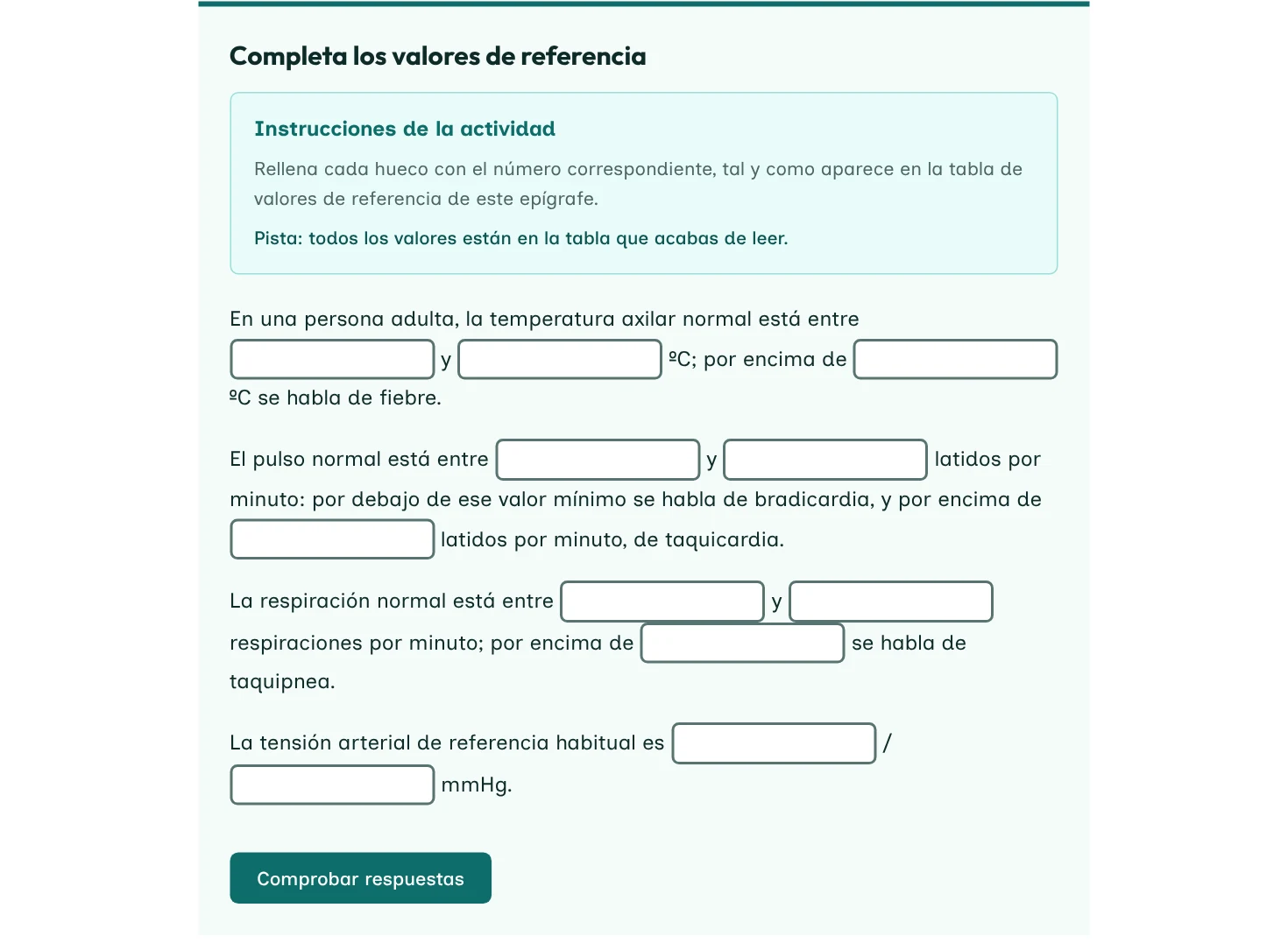 Actividad de completar huecos de la UF0121 con valores de referencia.