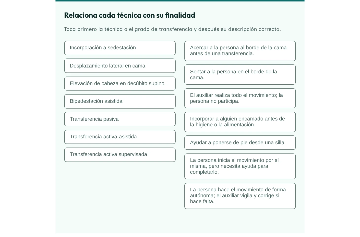 Juego de relacionar de la UF0121: técnicas de transferencia y su finalidad.