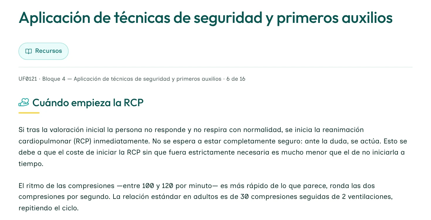 Texto del nodo de RCP con el ritmo de 100 a 120 compresiones por minuto y la relación 30 a 2.