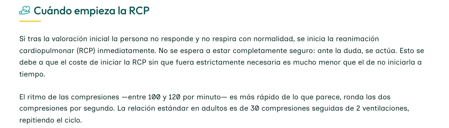 Nodo de la UF0121 sobre cuándo empieza la RCP: título, texto de apertura y ritmo de compresiones.