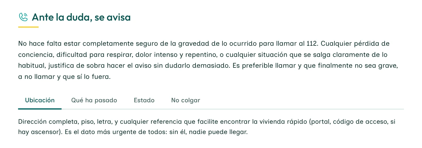 Pestañas de la UF0121 sobre qué datos dar al llamar al 112.